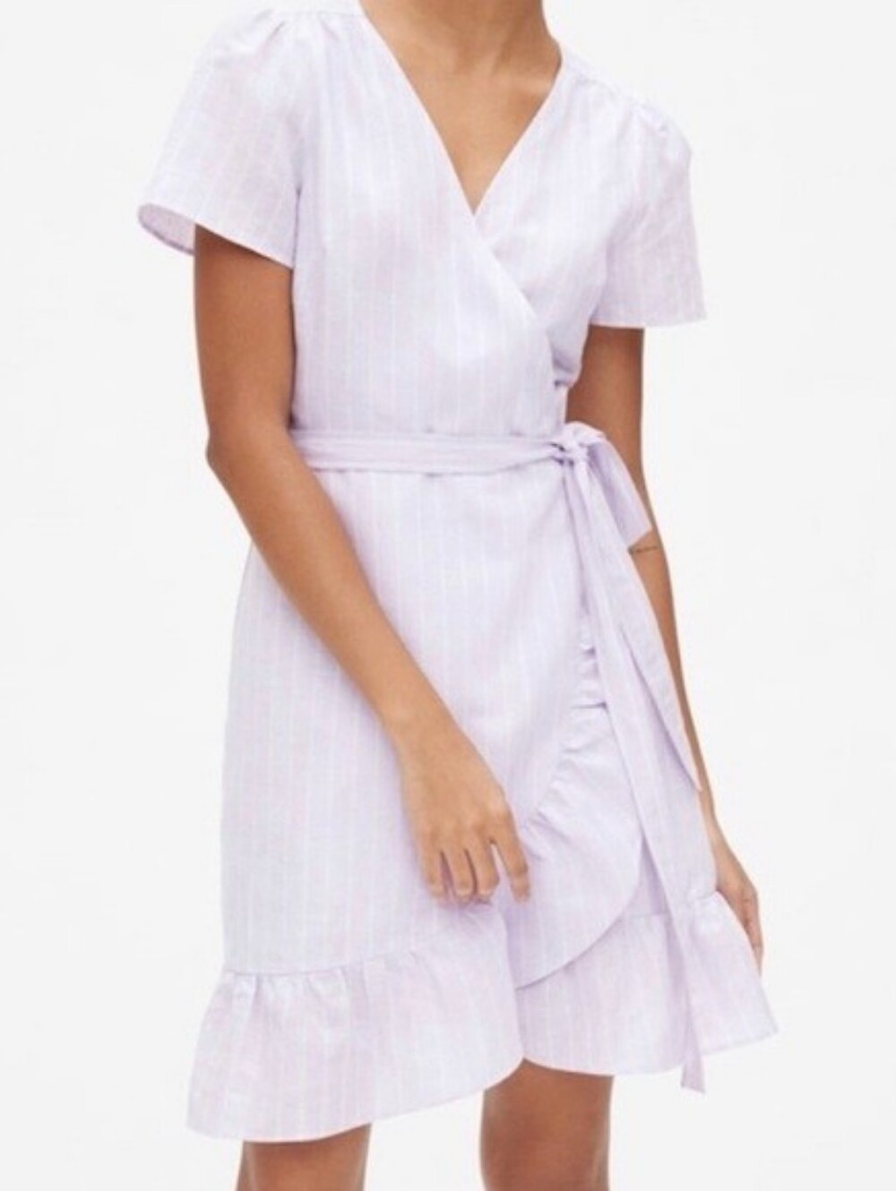 NWT Gap Lavender Linen Cotton Blend Wrap Mini Dress Stripe Ruffle Hem S Petite